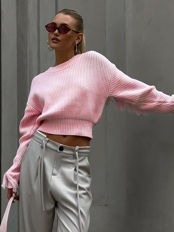 Wool Solid Color Tassel Cropped Sweater -- YKIIY  CLOTHING
