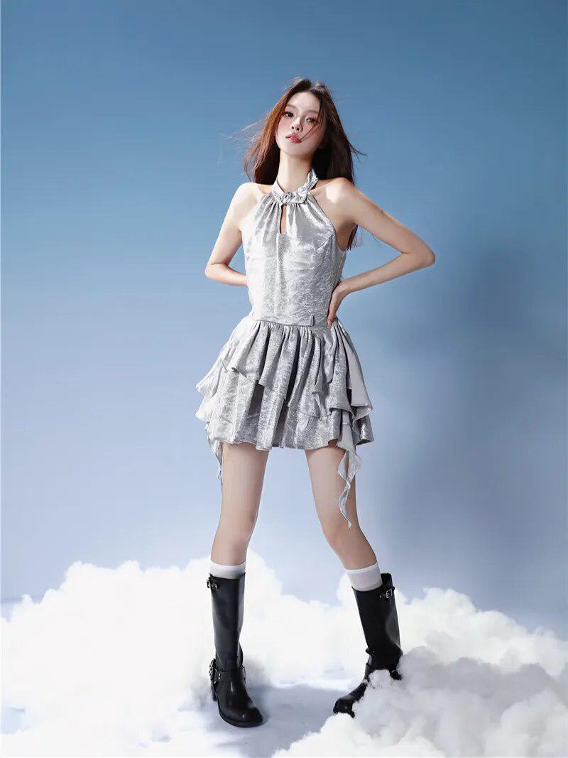 Y2K Cyber Halter Neck Mini Dress -- YKIIY  CLOTHING