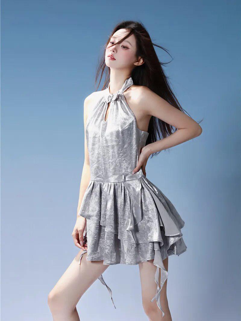 Y2K Cyber Halter Neck Mini Dress -- YKIIY  CLOTHING