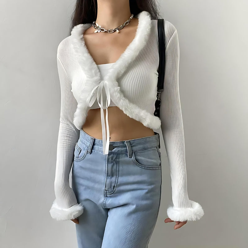 Y2K Faux Fur Corduroy Crop Cardigan -- YKIIY  CLOTHING