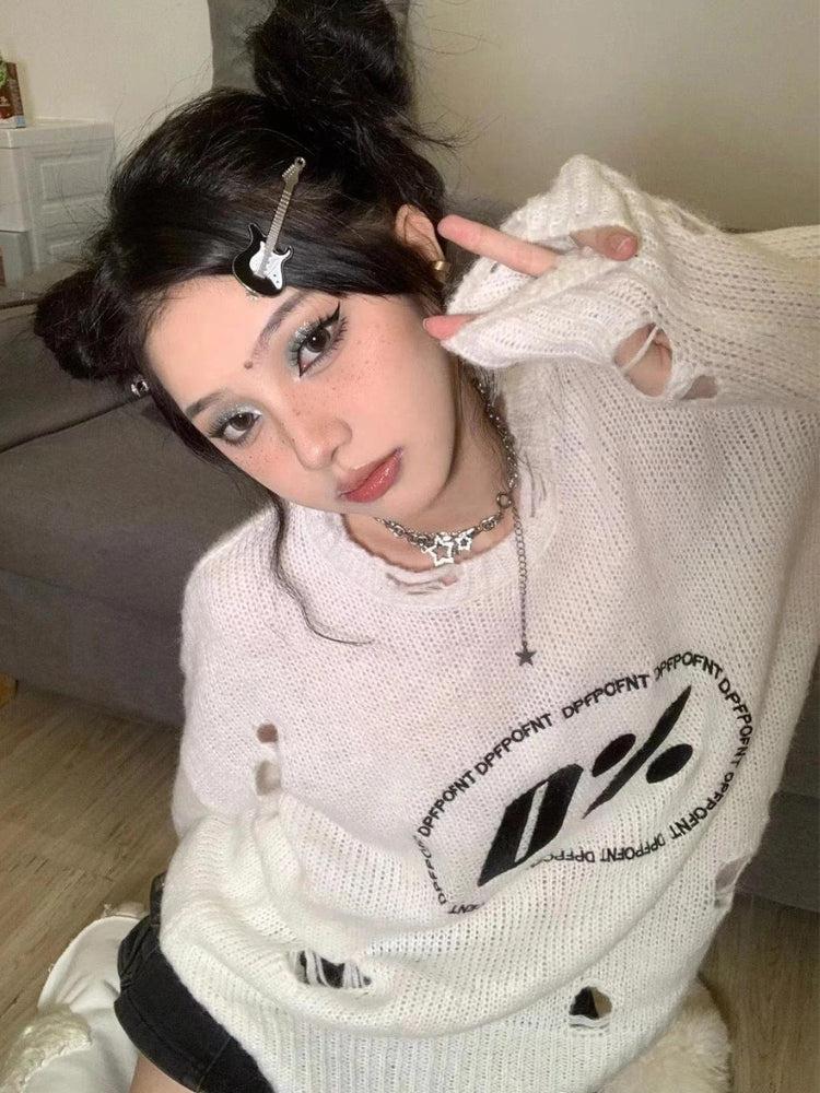 Y2K Grunge Distressed Knitted Sweater -- YKIIY  CLOTHING