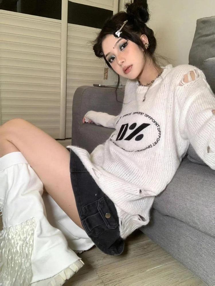 Y2K Grunge Distressed Knitted Sweater -- YKIIY  CLOTHING
