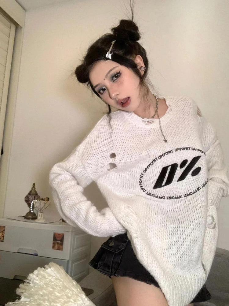 Y2K Grunge Distressed Knitted Sweater -- YKIIY  CLOTHING