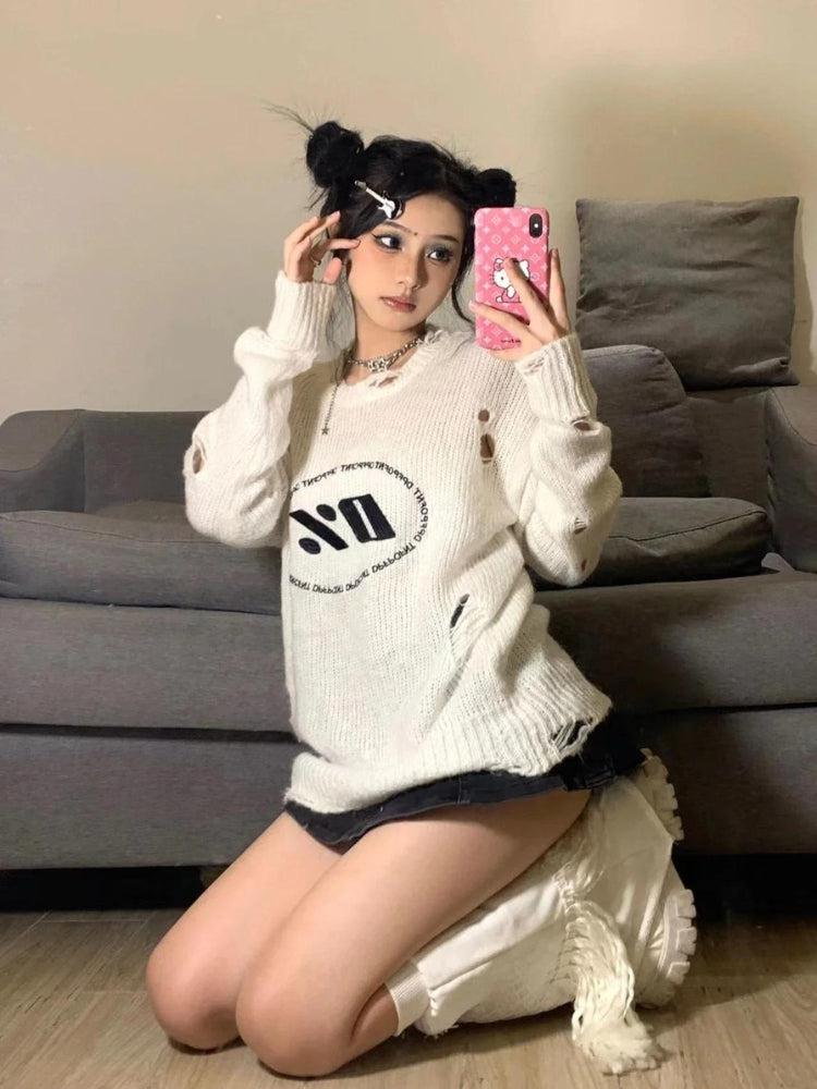 Y2K Grunge Distressed Knitted Sweater -- YKIIY  CLOTHING