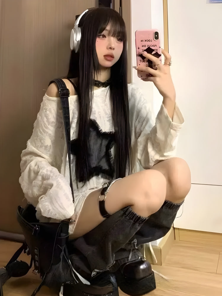 Y2K Grunge Star Distressed Sweater -- YKIIY  CLOTHING