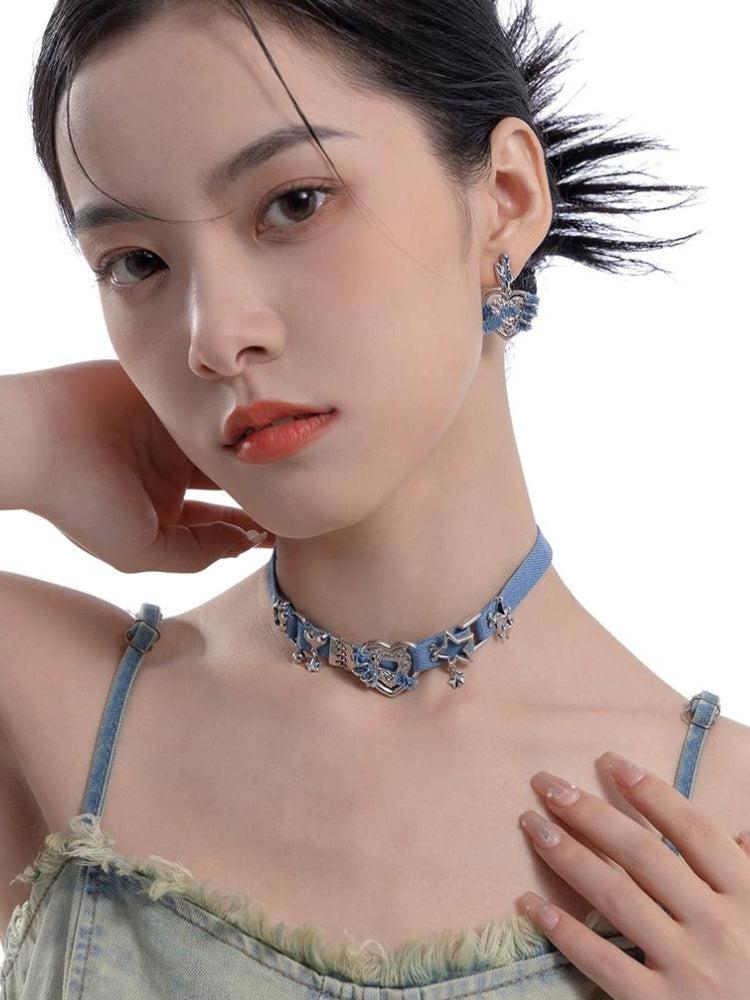 Y2K Sparkle Denim Choker Necklace -- YKIIY  CLOTHING