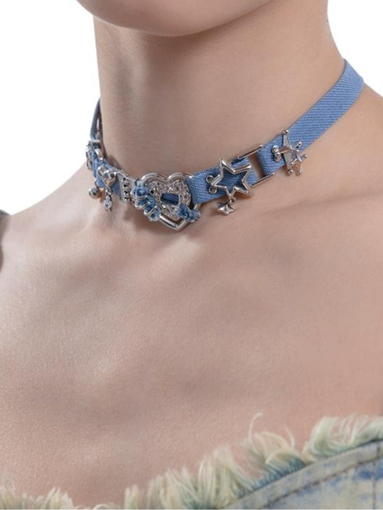 Y2K Sparkle Denim Choker Necklace -- YKIIY  CLOTHING