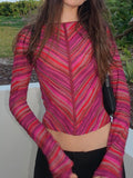 Y2K Striped Boat Neck Patchwork T-Shirt -- YKIIY  CLOTHING