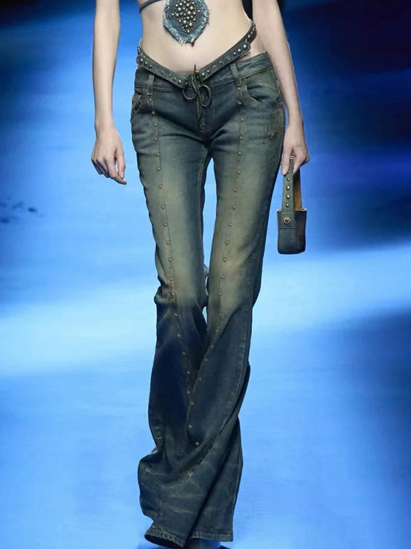 Y2K Zipper Rivet Gradient Flared Jeans -- YKIIY  CLOTHING