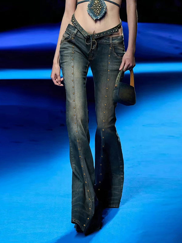 Y2K Zipper Rivet Gradient Flared Jeans -- YKIIY  CLOTHING