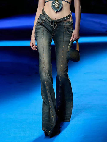 Y2K Zipper Rivet Gradient Flared Jeans -- YKIIY  CLOTHING