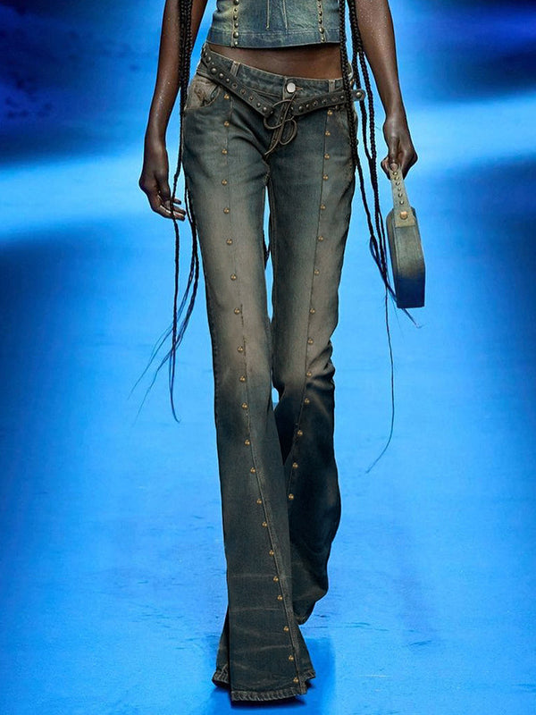 Y2K Zipper Rivet Gradient Flared Jeans -- YKIIY  CLOTHING