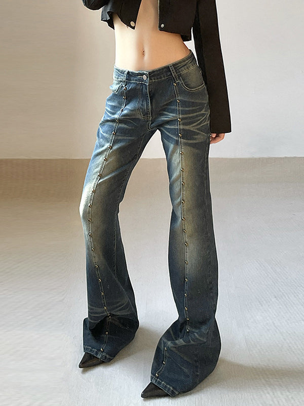 Y2K Zipper Rivet Gradient Flared Jeans -- YKIIY  CLOTHING