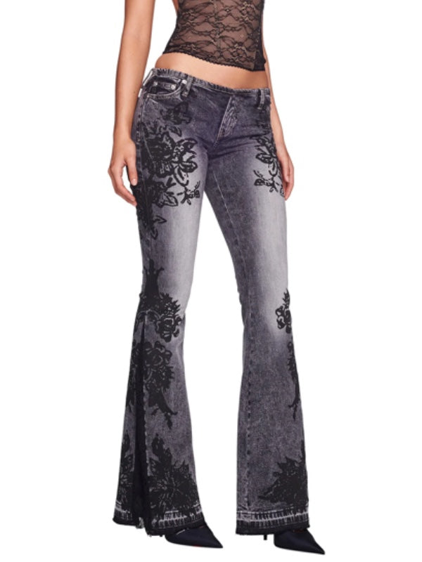 Zipper Floral Printed Flared Jeans -- YKIIY  CLOTHING