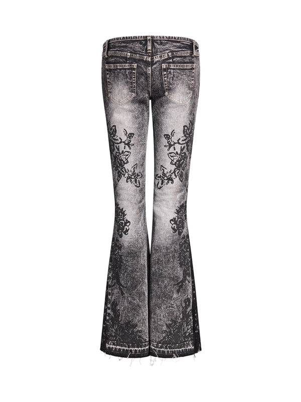 Zipper Floral Printed Flared Jeans -- YKIIY  CLOTHING