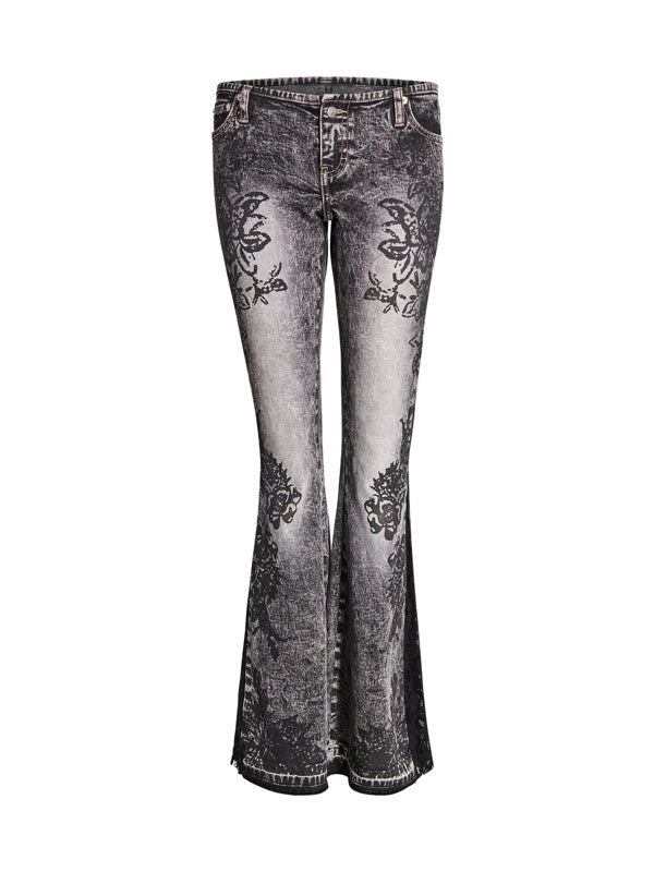 Zipper Floral Printed Flared Jeans -- YKIIY  CLOTHING