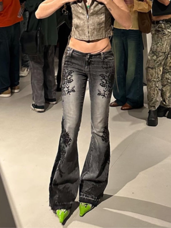 Zipper Floral Printed Flared Jeans -- YKIIY  CLOTHING