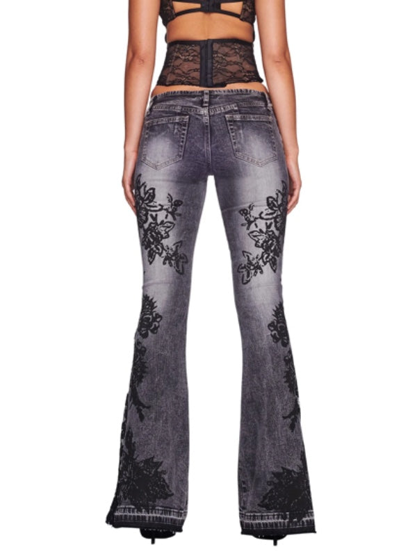 Zipper Floral Printed Flared Jeans -- YKIIY  CLOTHING