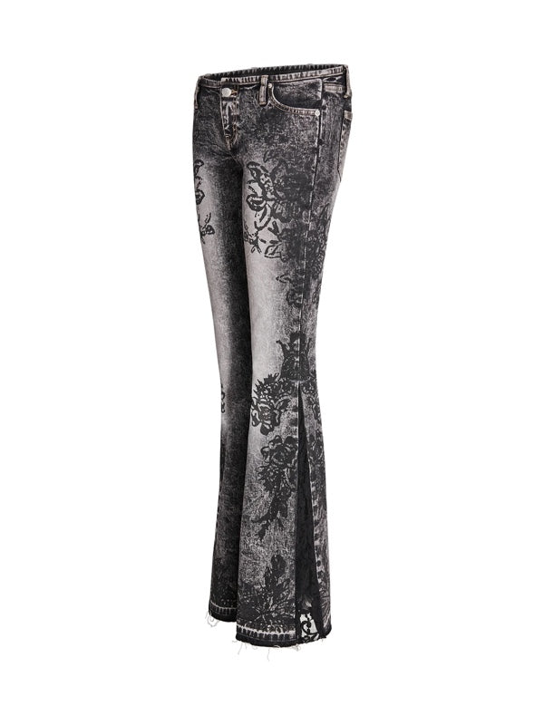 Zipper Floral Printed Flared Jeans -- YKIIY  CLOTHING