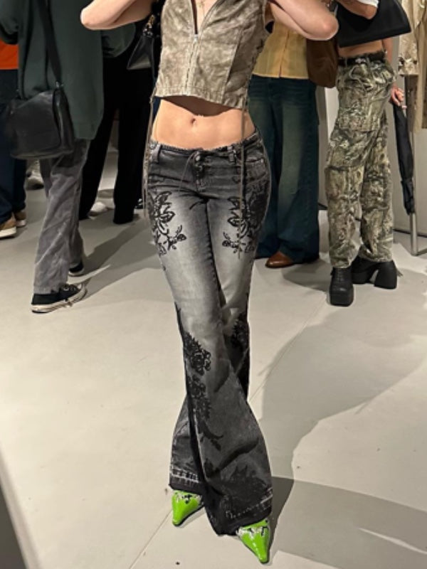 Zipper Floral Printed Flared Jeans -- YKIIY  CLOTHING