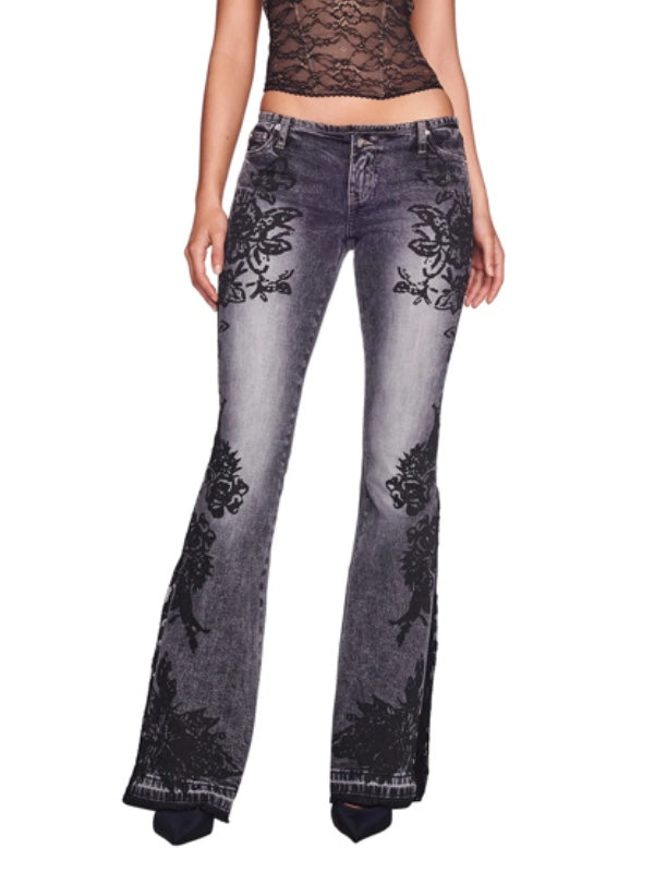 Zipper Floral Printed Flared Jeans -- YKIIY  CLOTHING