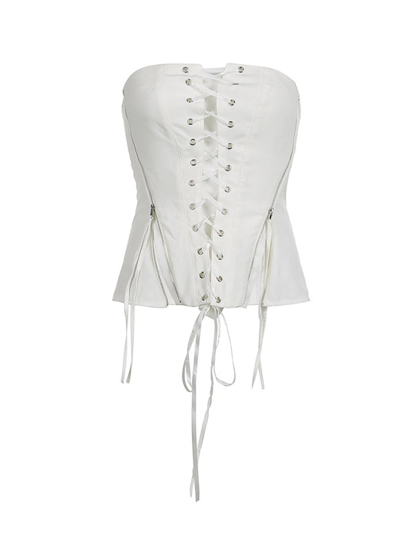 Zipper Patchwork Lace Up Tube Top -- YKIIY  CLOTHING