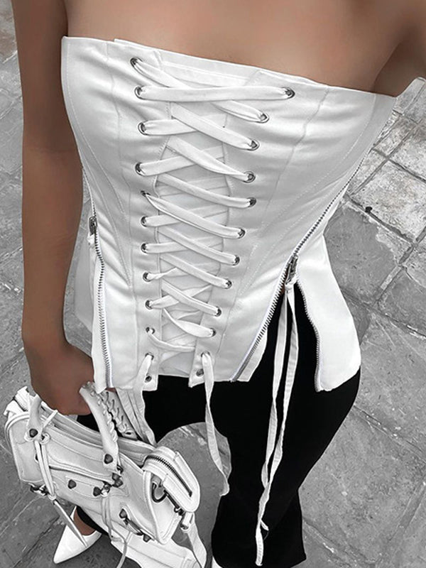 Zipper Patchwork Lace Up Tube Top -- YKIIY  CLOTHING