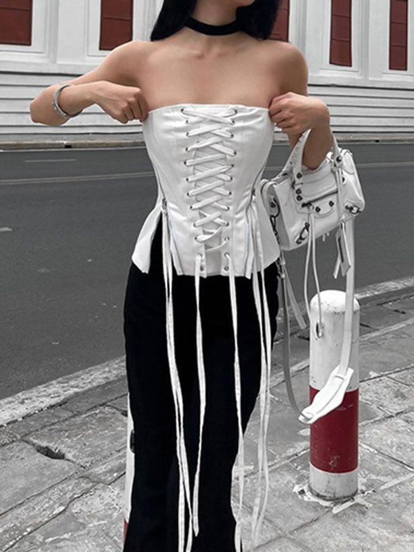 Zipper Patchwork Lace Up Tube Top -- YKIIY  CLOTHING