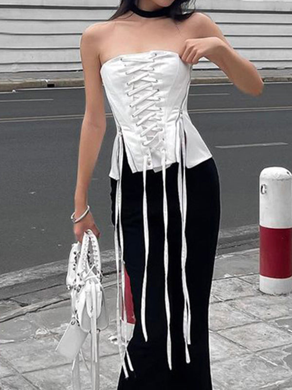 Zipper Patchwork Lace Up Tube Top -- YKIIY  CLOTHING