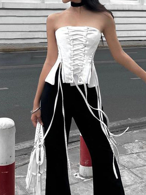 Zipper Patchwork Lace Up Tube Top -- YKIIY  CLOTHING