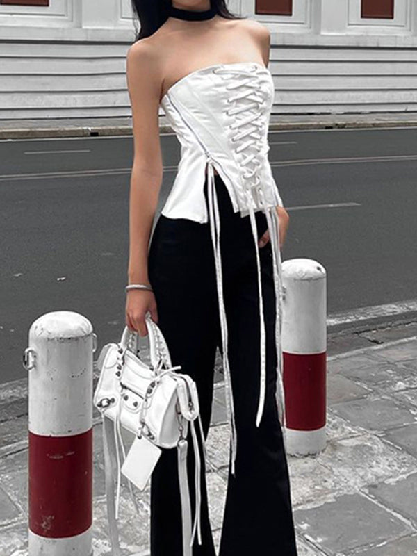 Zipper Patchwork Lace Up Tube Top -- YKIIY  CLOTHING